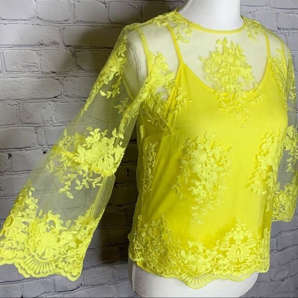 Nanette Lepore Yellow lace sheer top - Picture 3 of 10